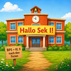 Illustration einer freundlich wirkenden Schule bei sonnigem Wetter. Über dem Eingang hängt ein großes gelbes Banner mit der Aufschrift „Hallo Sek I!“. Im Vordergrund steht ein Holzschild mit der Aufschrift „BPS + Kl. 9 nach den Ferien“. Ein Weg führt durc