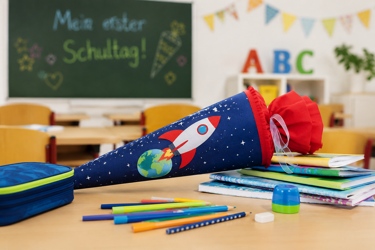Schultüte und Schulmaterialien liegen auf einem Schülerinnen- oder Schülertisch in einem hellen Klassenraum. Im Hintergrund sind weitere Tische und eine Tafel zu sehen. Das Bild symbolisiert den Schulstart und die Einschulung.